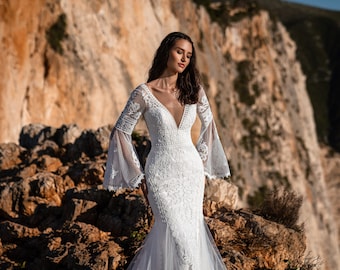 Luxuriöses Meerjungfrau Hochzeitskleid, langes Boho Kleid mit ausgestellten Ärmeln, Meerjungfrau Boho Kleid mit Zug, Boho Braut, Bestimmung Boho Hochzeit