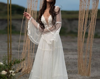 Ivory A-Line Lace and Chiffon Boho Wedding Dress, Bell Sleeves Boho Bridal Gown, Plus Size Bohemian Bridal Gown,Boho Bride, Outdoor Wedding