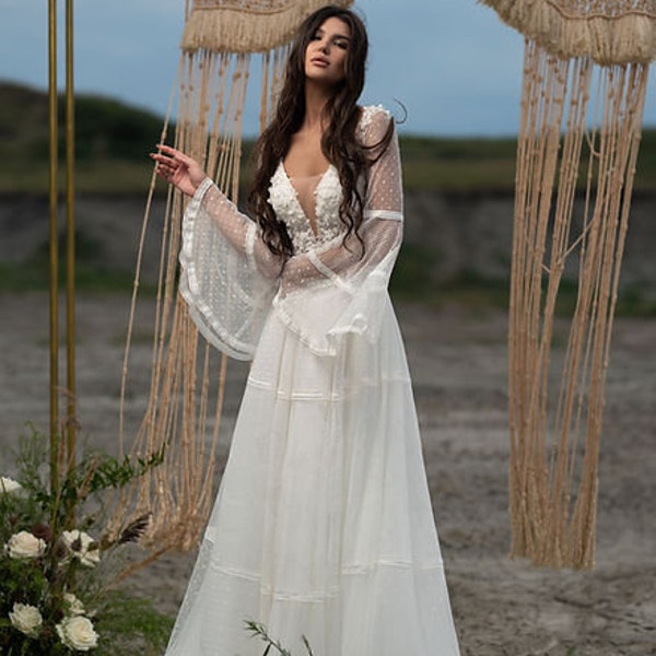 Ivory A-Line Lace and Chiffon Boho Wedding Dress, Bell Sleeves Boho Bridal Gown, Plus Size Bohemian Bridal Gown,Boho Bride, Outdoor Wedding