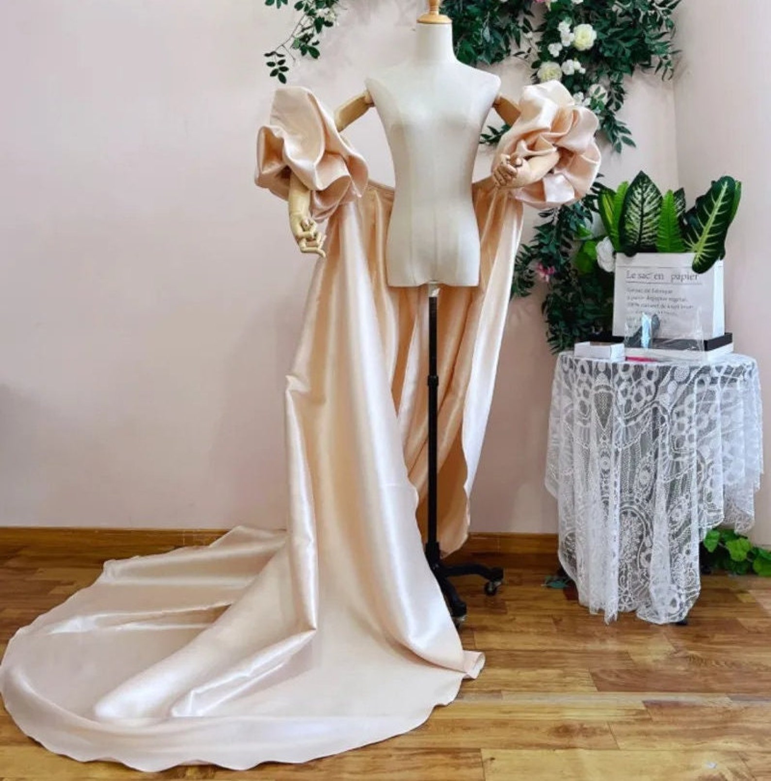 Mikado Satin Champagne Long Wedding Cape, Puffy Short Sleeves Bridal ...