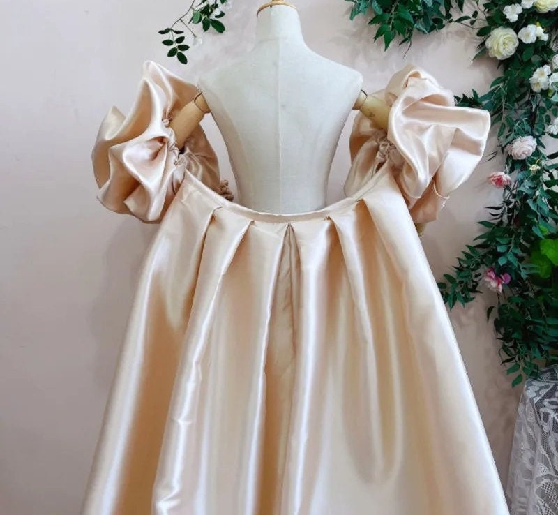 Mikado Satin Champagne Long Wedding Cape, Puffy Short Sleeves Bridal ...
