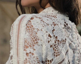 Floral Lace Bruidsbolero, Trouwjurk Topper met lange mouwen, Boho Bruidstop, Bruidssjaal, Ivoor Bruidstop, Bruidsscheidingen, Bruidsgeschenken