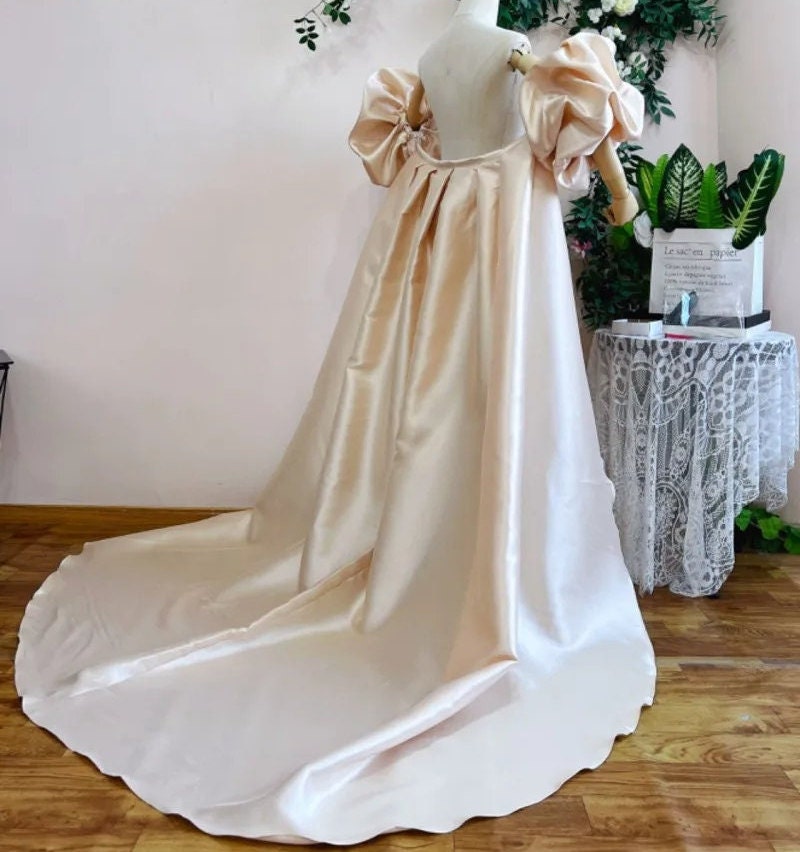 Mikado Satin Champagne Long Wedding Cape, Puffy Short Sleeves Bridal ...