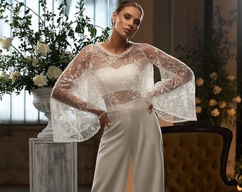 Elegante bolero nupcial de encaje, topper de vestido de novia de manga ancha, chaqueta nupcial de encaje, chal nupcial, top nupcial de marfil, prendas separadas para novias, regalos