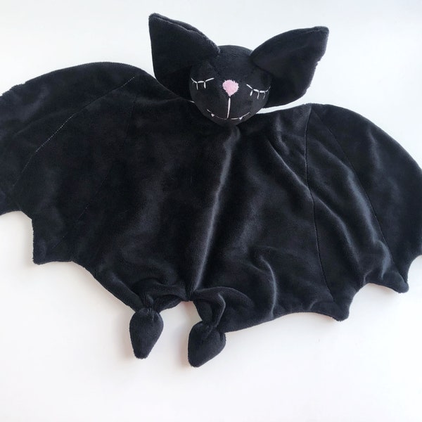 Black bat lovey blanket, gothic baby shower gift, bat plush, Halloween baby gift
