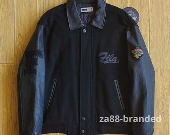 Vintage jaren 90 leren wollen varsity-jack met FILA-mouwen