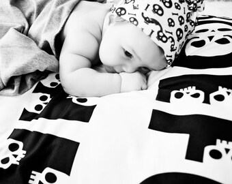 Punk Rock Receiving Blanket swaddle skull alphabet print stretch knit and any color cotton on back 30x36