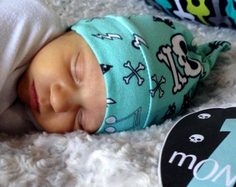 RockerByeBeanies EXCLUSIVE Newborn Baby knit skull cap hat beanie Aqua Anarchy Skull Star Lightening bolts