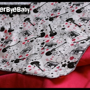 RockerByeBasics Baby or Toddler Blanket Black PInk Black and White Stars Guitars and Boom boxes with hot pink flannel girls 36x42 image 2