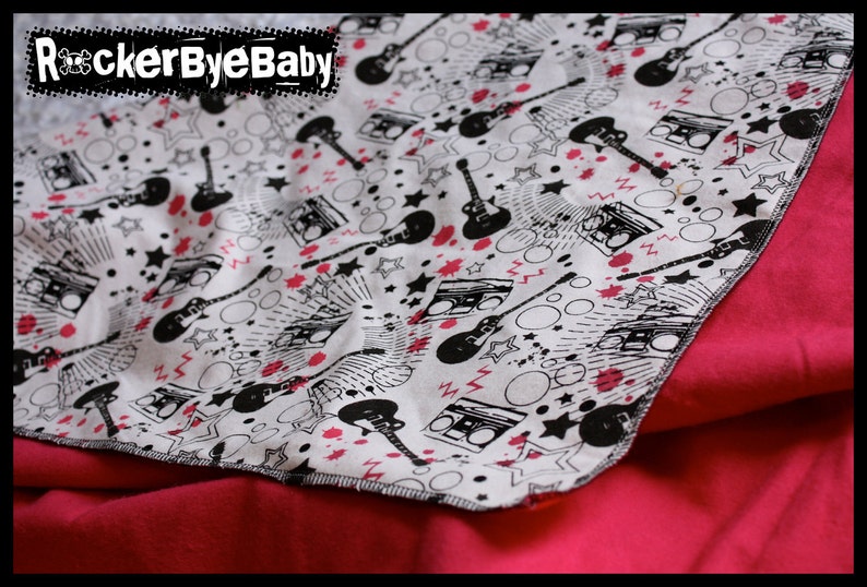 RockerByeBasics Baby or Toddler Blanket Black PInk Black and White Stars Guitars and Boom boxes with hot pink flannel girls 36x42 image 2