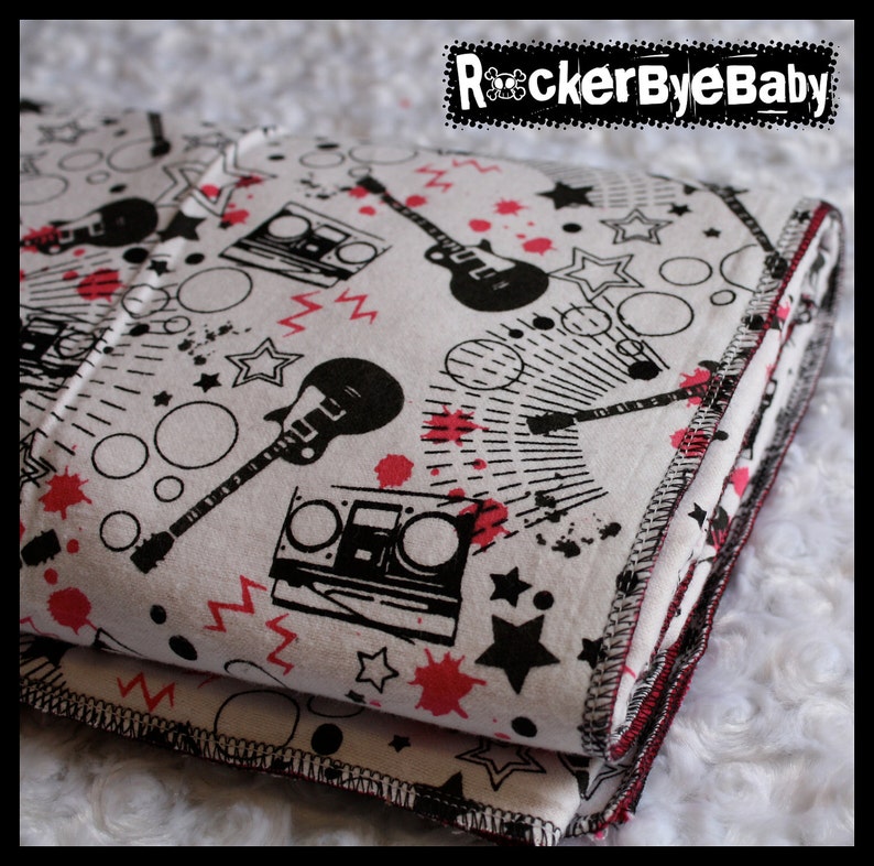 RockerByeBasics Baby or Toddler Blanket Black PInk Black and White Stars Guitars and Boom boxes with hot pink flannel girls 36x42 image 1