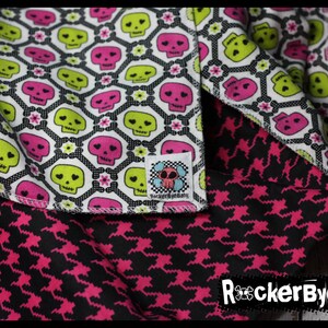 RockerByeBasics Baby or Toddler Skulls and Houndstooth matching pink black lime flannel girls 36x42 image 2