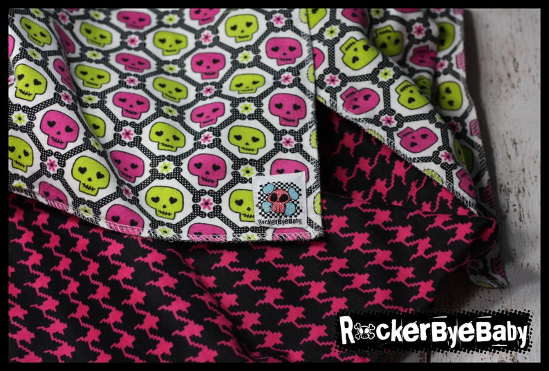 RockerByeBasics Baby or Toddler Skulls and Houndstooth matching pink black lime flannel girls 36x42 image 2