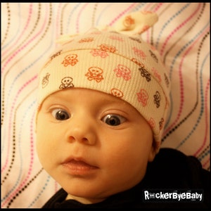 RockerByeBeanies Newborn Baby girl knit skull cap hat beanie Parlay Pink and Brown Skull and crossbones