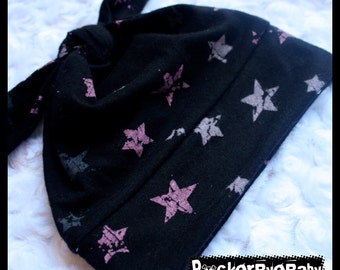 RockerByeBeanies Newborn Baby knit skull cap hat beanie Black with Pink Stars Print  for your girl