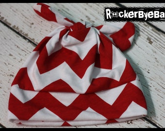 RockerByeBeanies Newborn Baby knit skull cap hat beanie Red White Chevron Print  for your little boy or girl