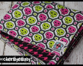 RockerByeBasics Baby or Toddler Skulls and Houndstooth matching pink black lime flannel girls 36x42