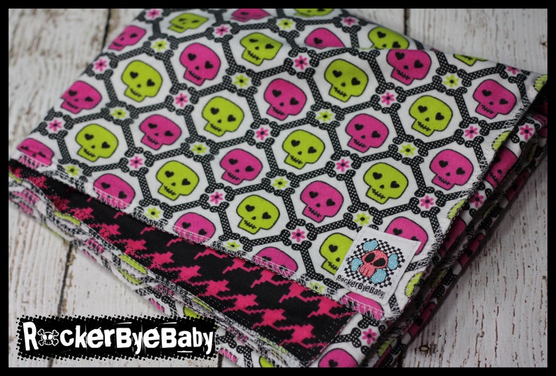 RockerByeBasics Baby or Toddler Skulls and Houndstooth matching pink black lime flannel girls 36x42 image 1