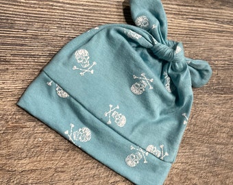 RockerByeBeanies aqua blue white Newborn Baby knit skull cap hat beanie