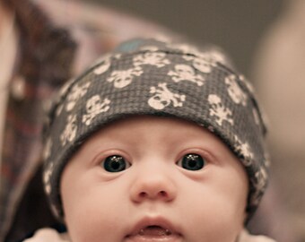 RockerByeBeanies Navy White Pink skull crossbones Newborn Baby knit skull cap hat beanie boy or girl unisex