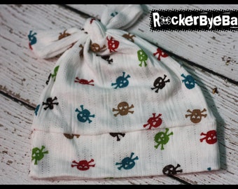 RockerByeBeanies Newborn Baby girl or boy knit skull and crossbones cap hat beanie jewel tone skulls green red teal