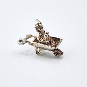 Gnome in Wheelbarrow  - Vintage Sterling Silver Charm or Pendant