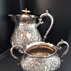 Ornate Antique / Vintage Silverplated Teapot and Sugar Bowl - GORGEOUS