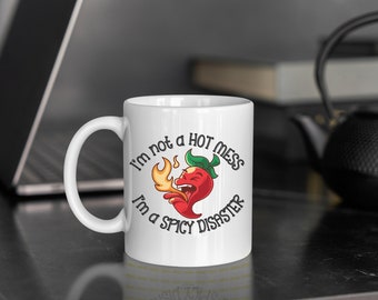 Spicy Disaster - Taza de cerámica blanca humorística de 11 oz, taza de café, regalo divertido, taza divertida, taza de café, regalos divertidos, regalo ingenioso, regalo de cumpleaños