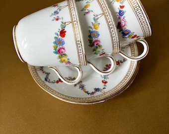 Antique Mintons marked china three hand painted flower garland teacups and saucers, impressed marks