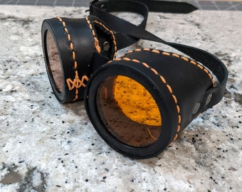 Black Leather Steampunk Goggles | Orange Lenses and Stitching