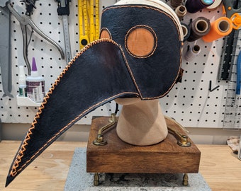 Black Leather Plague Doctor Mask with Orange Accent Stitching