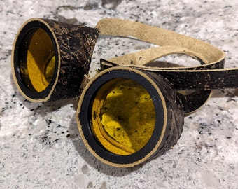 Black and Gold Leather Steampunk Goggles | Yellow Lenses