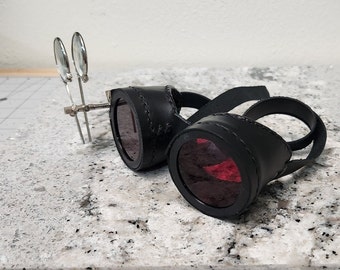 Black Leather Steampunk Goggles with Fold Down Magnification | Red Lenses