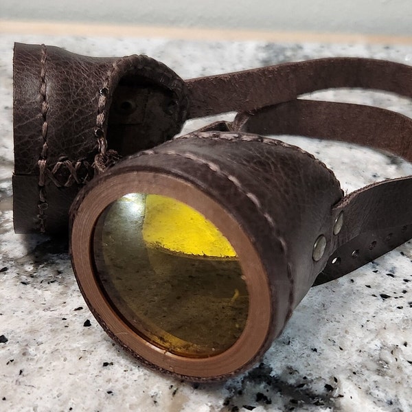 Brown Leather Steampunk Goggles | Yellow Lenses