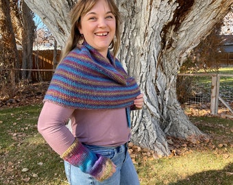 Handknit Striped Shawl and Hand Warmer Set - Blue, Red, and Gold - Carnival Shawl and Mitts