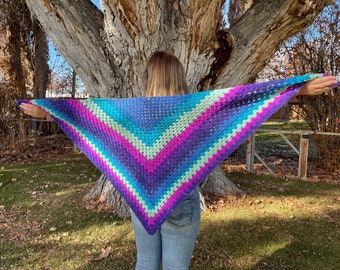 Bright and Colorful Starry Night Shawl - Handknit Striped Shawl with Sequins - Purple, Blue, and Teal