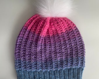 Bonnet à pompons scintillant rose, violet et bleu coloré pour tout-petit - Chapeau d'hiver/printemps pour enfant de 2 à 4 ans