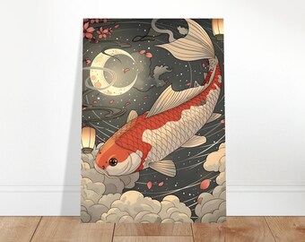 Könnte beinhalten: Ein lebendiger Kunstdruck mit einem Koi-Fisch mit roten und weißen Markierungen, der durch eine Nachtszene schwimmt. Das Kunstwerk zeigt einen Halbmond, Laternen und Kirschblüten vor einem dunklen Hintergrund mit Wolken.