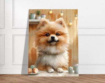 Può includere: Dipinto digitale di un cane Pomerania con soffice pelo arancione e bianco. Il cane è seduto a un tavolo con macaron e bevande. Lo sfondo presenta un muro di legno, una mensola con piante e luci sospese.