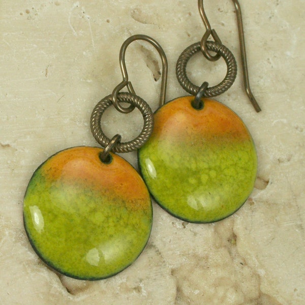 Mustard Meets Olive Earrings Copper Enamel Colorful Disks Dangles