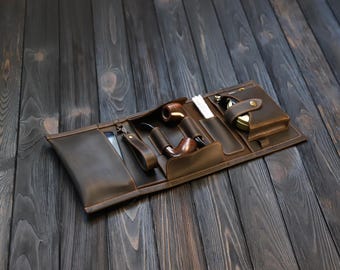 Rollo de pipa de cuero hecho a mano - Portapipas para viajes - Estuche de cuero para pipas - Juego de fundas para tabaco - Bolsa marrón para pipas - Accesorios para fumar pipas