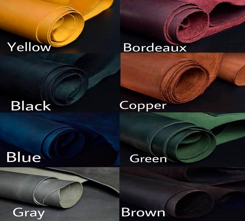 Pu&ograve; includere: Primo piano di campioni di pelle arrotolati in vari colori, tra cui giallo, bordeaux, nero, rame, blu, verde, grigio e marrone.