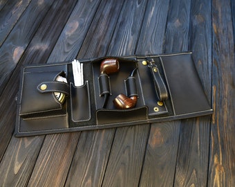 Handcrafted Black Leather Pipe Roll -Pipe Holder for Travel-Leather Pipe Case and Tobacco Pouch Set-Pipe Bag-Christmas Gift for Pipe Smokers