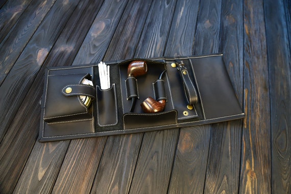 Handcrafted Black Leather Pipe Roll -Pipe Holder for Travel-Leather Pipe Case and Tobacco Pouch Set-Pipe Bag-Christmas Gift for Pipe Smokers