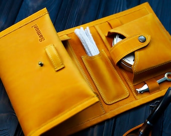 Rollo de pipa de cuero amarillo artesanal - Portapipas para viaje - Estuche de cuero para pipa - Juego de funda para tabaco - Bolsa para pipa - Regalo de Navidad para fumadores de pipa