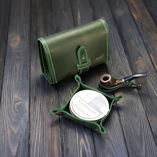 Reizen leren pijphouderset - gepersonaliseerde leren groene pijptas - handgemaakt tabakszakje voor rokers-lederen pijptabaktas cadeauset