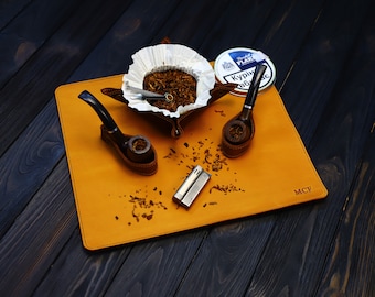 Handcrafted Leather Tobacco Tray & Pipe Stand- Leather Tobacco Mat and Pipe Stand* Pipe Smoker's Set- Gift for Him- Leather Pipe Accessories