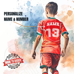 Custom Boy Soccer Print | Red & Green Uniform | Personalized Watercolor Wall Art | Digital Download | Kid Room Decor | Soccer Player Gift
