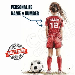 Custom Girl Soccer Print Red | Personalized Jersey w/ Name Number | Female Sports Digital Download | Wall Art Room Decor | Soccer Girl Gift