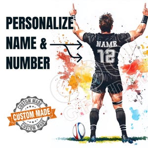 Male Rugby Player Art | Victory Pose Custom Print | Digital Download | Personalized Jersey Name And Number | Mens or Boys Sports Gift 8x10